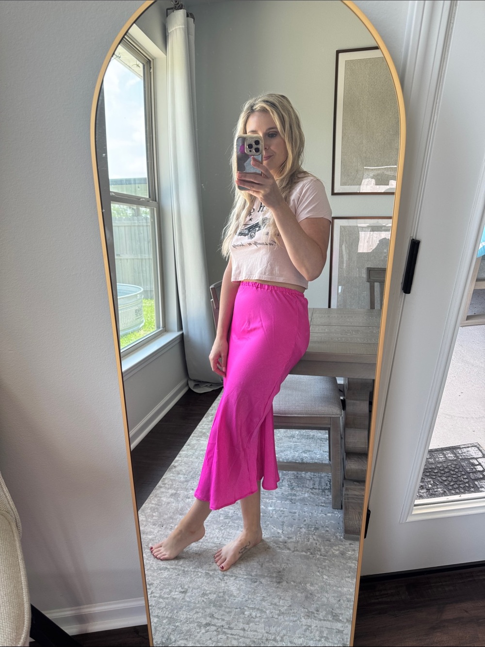 Neon Barbie Hot Pink Women's Satin Midi Slide Slit Skirt - Picture 7 of 16